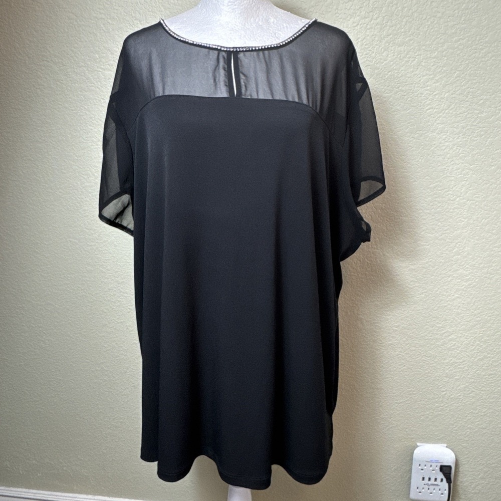 Worthington Blouse 3X Black Sheer Mesh Yoke Embellished Neck‎ Short Sleeve Top
